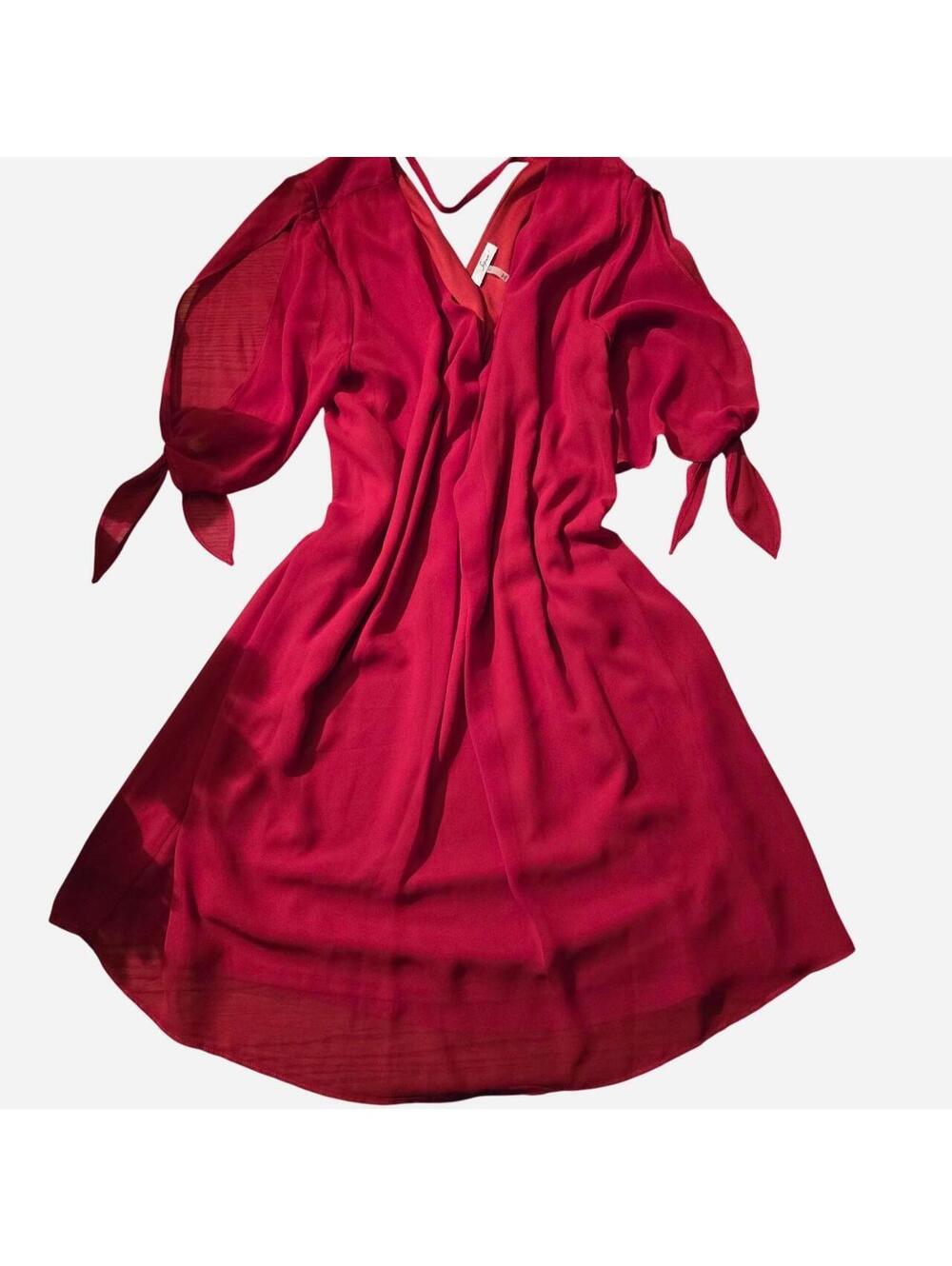 Soprano Red Chiffon Tie Sleeve V-Neck Mini Dress Size L